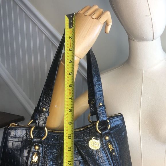 BRAHMIN Black Selma Croc Embossed Leather Pleated Shoulder Tote Bag Top Zipper - Picture 11 of 17